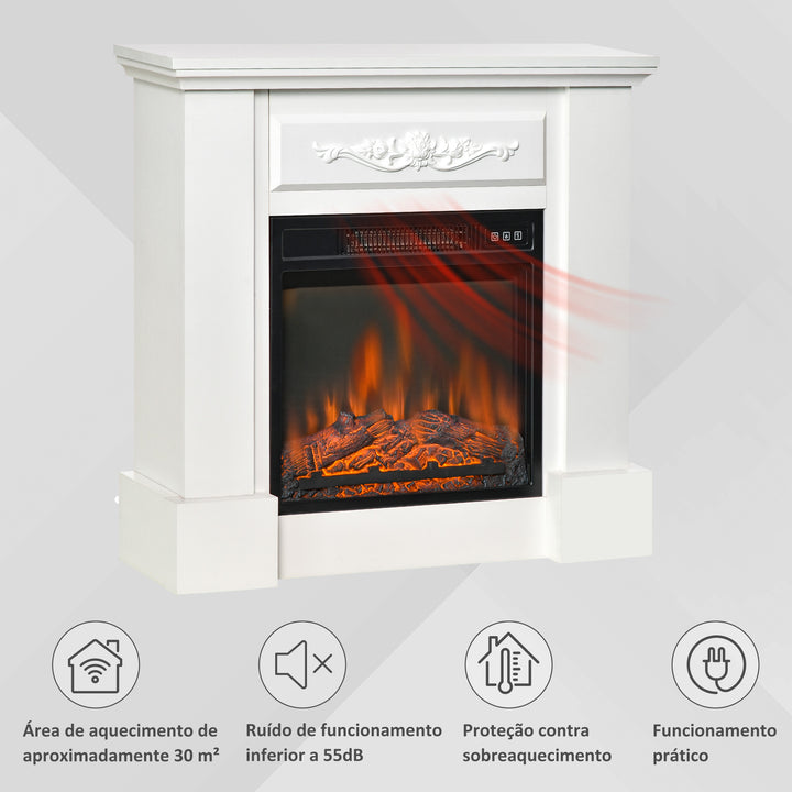 Lareira Elétrica 1800W Lareira Decorativa com Efeito de Chama Realista Controlo Remoto Temporizador Proteção contra Sobreaquecimento para Ambientes até 30 m² 80,7x22,5x76,5 cm Branco