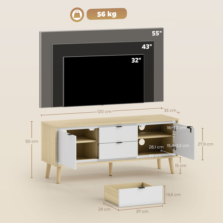 Móvel de TV Moderno de 2 Portas Móvel TV para Sala com 2 Gavetas Orifícios Passa-Cabos Prateleiras Removíveis e Ajustáveis para Televisão 55 Polegadas 120x35x50 cm Branco Brilho e Carvalho