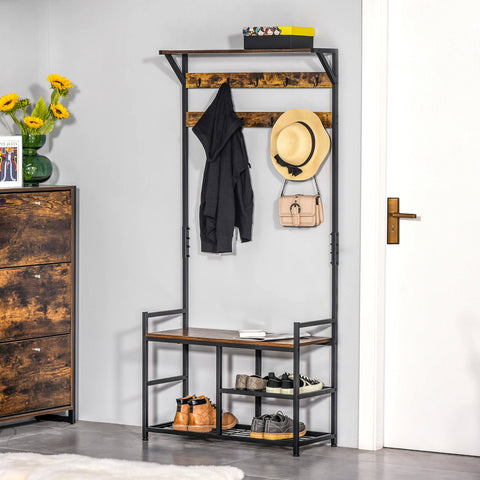 Cabide com estante de sapatos Cabide de entrada com 3 prateleiras 9 ganchos Pernas ajustáveis ??de estilo industrial 84x34,5x180 cm Preto e marrom