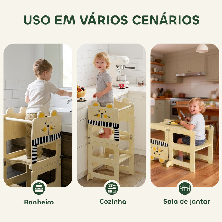Torre de Aprendizagem 3 em 1 Dobrável Conversível em Secretária e Cadeira Banqueta de Aprendizagem para Crianças de 2-5 Anos com Quadro Estampado de Gatos para Casa de Banho Cozinha Madeira