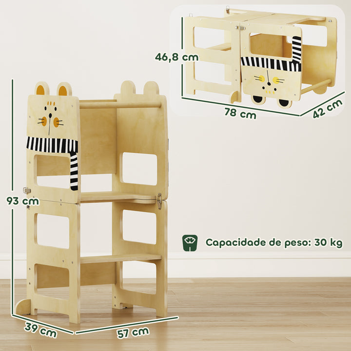 Torre de Aprendizagem 3 em 1 Dobrável Conversível em Secretária e Cadeira Banqueta de Aprendizagem para Crianças de 2-5 Anos com Quadro Estampado de Gatos para Casa de Banho Cozinha Madeira