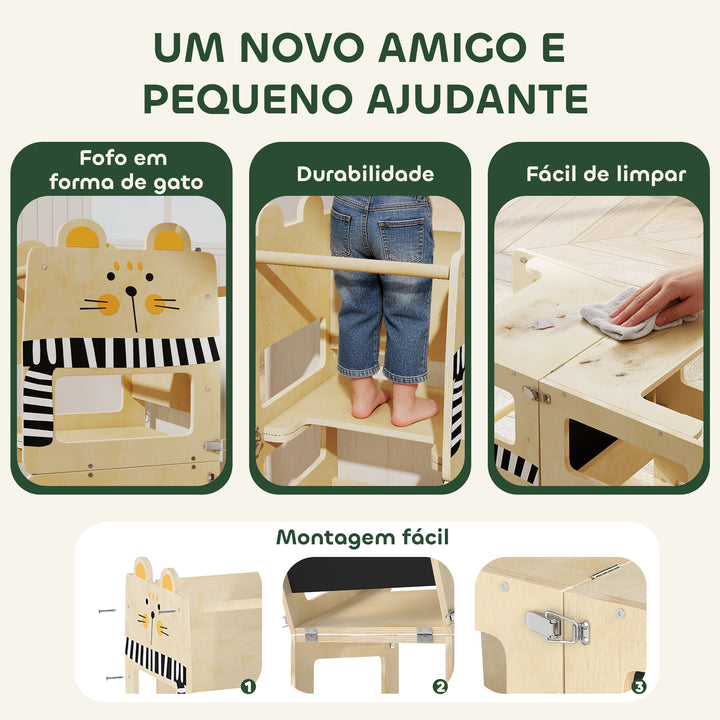 Torre de Aprendizagem 3 em 1 Dobrável Conversível em Secretária e Cadeira Banqueta de Aprendizagem para Crianças de 2-5 Anos com Quadro Estampado de Gatos para Casa de Banho Cozinha Madeira