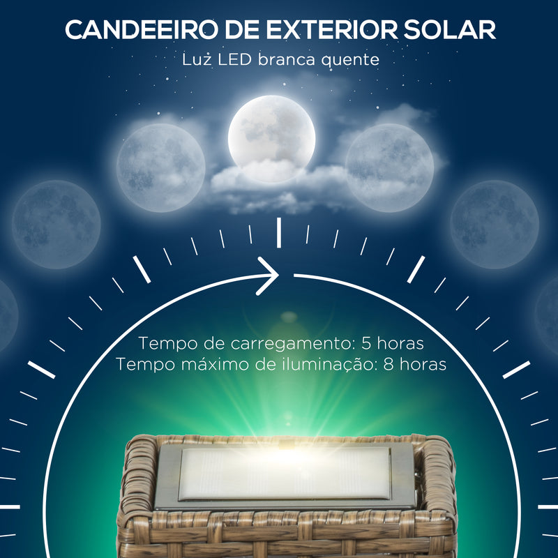 Candeeiro de Jardim de Vime Sintético Candeeiro Solar de Exterior com Luzes LED Ligar/Desligar Automático para Varanda Pátio 15,5x15,5x46 cm Marrom Areia