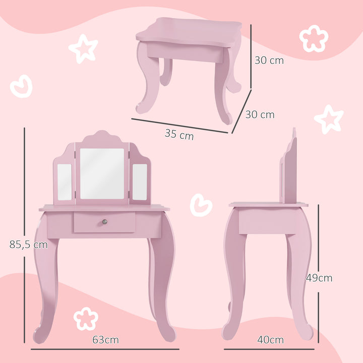 Toucador Infantil de Madeira com Banco e Espelho de Acrílico de 2 Seções Mesa de Maquilhagem Infantil com Gaveta para Dormitório Sala de Jogos 63x40x85,5 cm Rosa