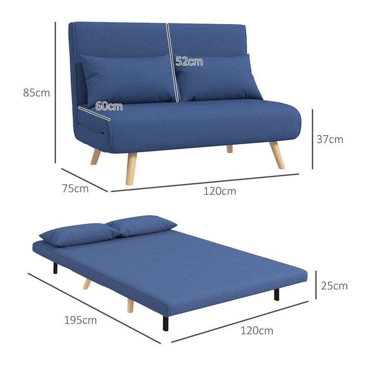 Sofá Cama de 2 Lugares Sofá Cama Dobrável Estofado em Linho com Encosto Ajustável em 5 Posições e 2 Almofadas Sofá Cama Pequeno para Sala de Estar 120x75x85 cm Azul Escuro