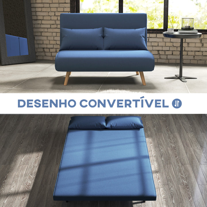 Sofá Cama de 2 Lugares Sofá Cama Dobrável Estofado em Linho com Encosto Ajustável em 5 Posições e 2 Almofadas Sofá Cama Pequeno para Sala de Estar 120x75x85 cm Azul Escuro