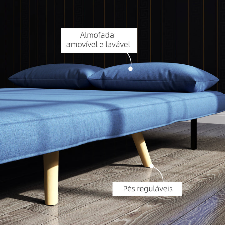 Sofá Cama de 2 Lugares Sofá Cama Dobrável Estofado em Linho com Encosto Ajustável em 5 Posições e 2 Almofadas Sofá Cama Pequeno para Sala de Estar 120x75x85 cm Azul Escuro