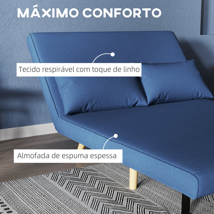 Sofá Cama de 2 Lugares Sofá Cama Dobrável Estofado em Linho com Encosto Ajustável em 5 Posições e 2 Almofadas Sofá Cama Pequeno para Sala de Estar 120x75x85 cm Azul Escuro
