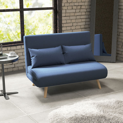 Sofá Cama de 2 Lugares Sofá Cama Dobrável Estofado em Linho com Encosto Ajustável em 5 Posições e 2 Almofadas Sofá Cama Pequeno para Sala de Estar 120x75x85 cm Azul Escuro