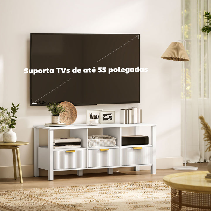 Móvel de TV Moderno Móvel de TV para Sala de Estar com 3 Gavetas e 3 Prateleiras Abertas para Televisores de 43-55 Polegadas 120x39,5x50 cm Branco
