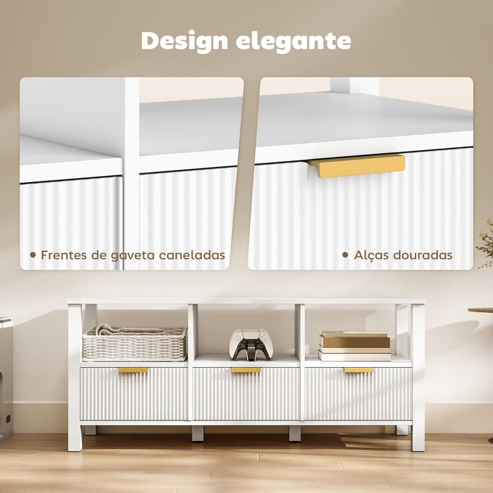 Móvel de TV Moderno Móvel de TV para Sala de Estar com 3 Gavetas e 3 Prateleiras Abertas para Televisores de 43-55 Polegadas 120x39,5x50 cm Branco