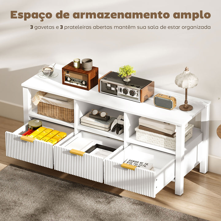 Móvel de TV Moderno Móvel de TV para Sala de Estar com 3 Gavetas e 3 Prateleiras Abertas para Televisores de 43-55 Polegadas 120x39,5x50 cm Branco