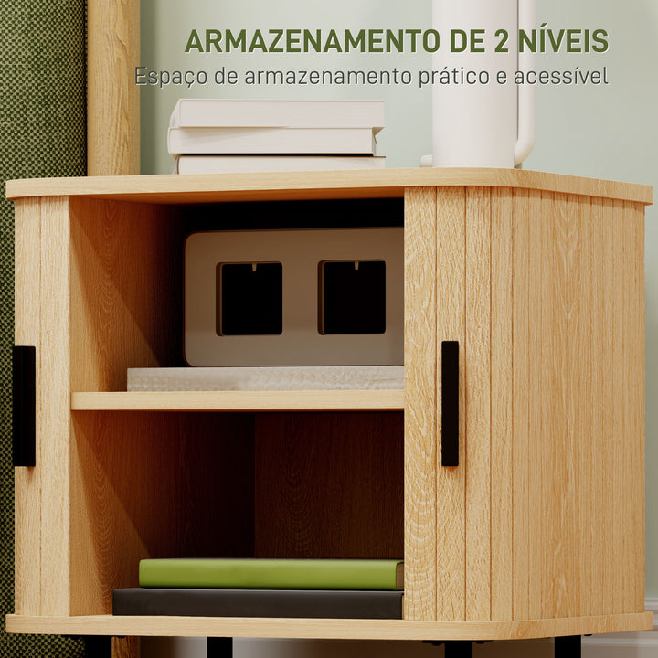 Mesa de Cabeceira Mesa de Cabeceira Quarto com Portas de Correr 2 Prateleiras e Pés em Aço Estilo Escandinavo para Sala 48x40x48 cm Madeira