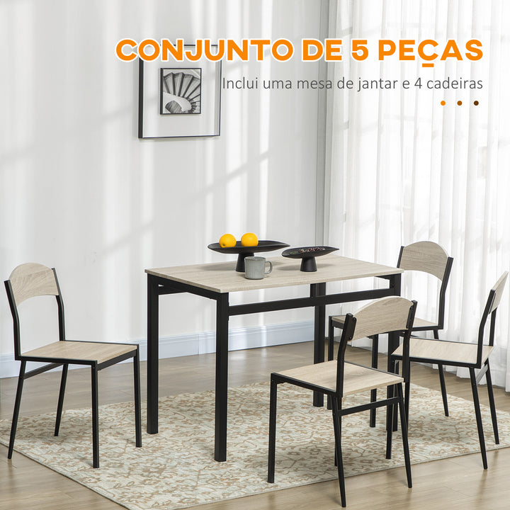 Conjunto de Mesa e Cadeiras de Refeição Mesa de Cozinha Retangular com 4 Cadeiras Estilo Moderno Estrutura Metálica para Espaços Pequenos Carvalho e Preto