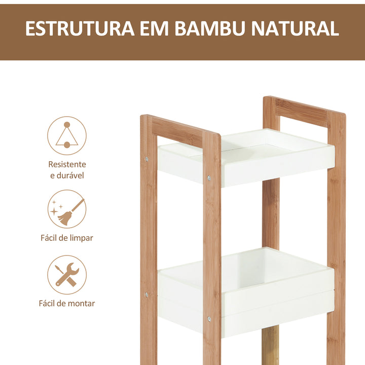 Móvel Auxiliar de banheiro com 3 Prateleiras Organizadoras de Bambu 27,5x20,8x74 cm Cor Branco e Natural