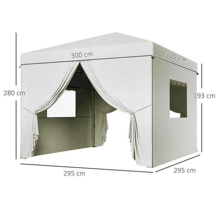 Tenda Dobrável 3x3 m Tenda de Jardim com 4 Paredes Laterais 2 Janelas de Malha Altura Ajustável Bolsa de Transporte Impermeável e Anti-UV para Campismo Festas Branco