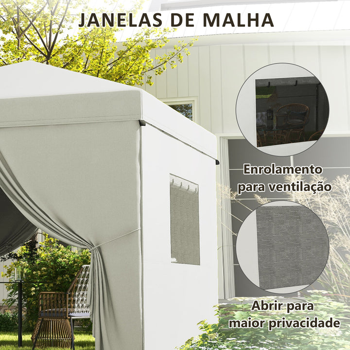 Tenda Dobrável 3x3 m Tenda de Jardim com 4 Paredes Laterais 2 Janelas de Malha Altura Ajustável Bolsa de Transporte Impermeável e Anti-UV para Campismo Festas Branco