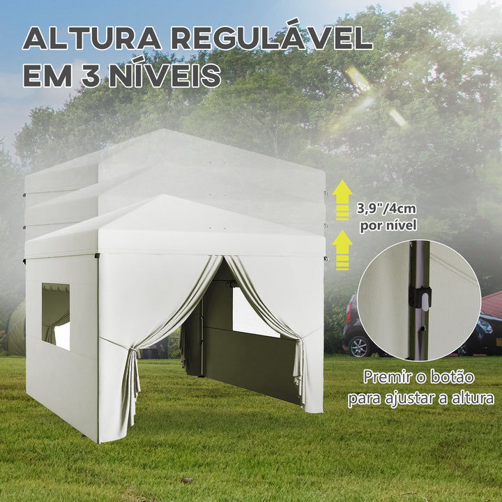 Tenda Dobrável 3x3 m Tenda de Jardim com 4 Paredes Laterais 2 Janelas de Malha Altura Ajustável Bolsa de Transporte Impermeável e Anti-UV para Campismo Festas Branco