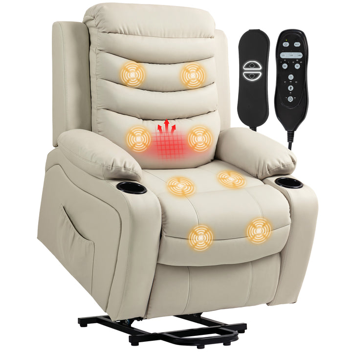 Poltrona Relax Reclinável Elétrica Elevatória com Massagem Vibratória e Aquecimento Poltrona Elevatória com Porta USB Controlo Remoto Apoio para Pés Estofada em PU Bolsos Laterais Creme