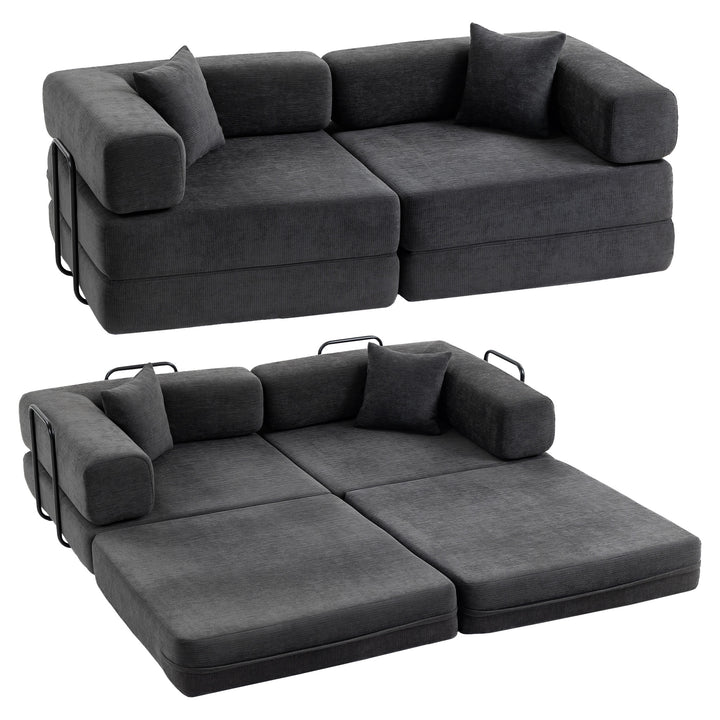 Sofá Cama de 2 Lugares Dobrável Sofá Cama Estofado em Chenilla com 2 Almofadas Braços Largos Acolchoamento Grosso Sem Necessidade de Montagem para Quarto Sala Cinzento Escuro