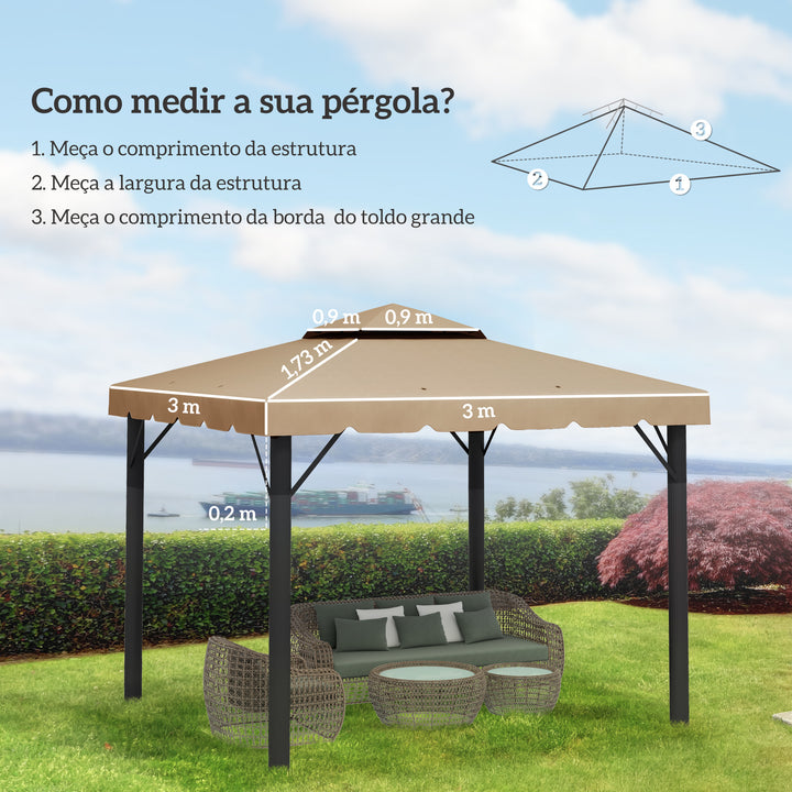 Cobertura de Substituição para Pérgola 300x300 cm Teto de Substituição para Pérgolas Exterior com Duplo Teto e 8 Orifícios de Drenagem Cáqui