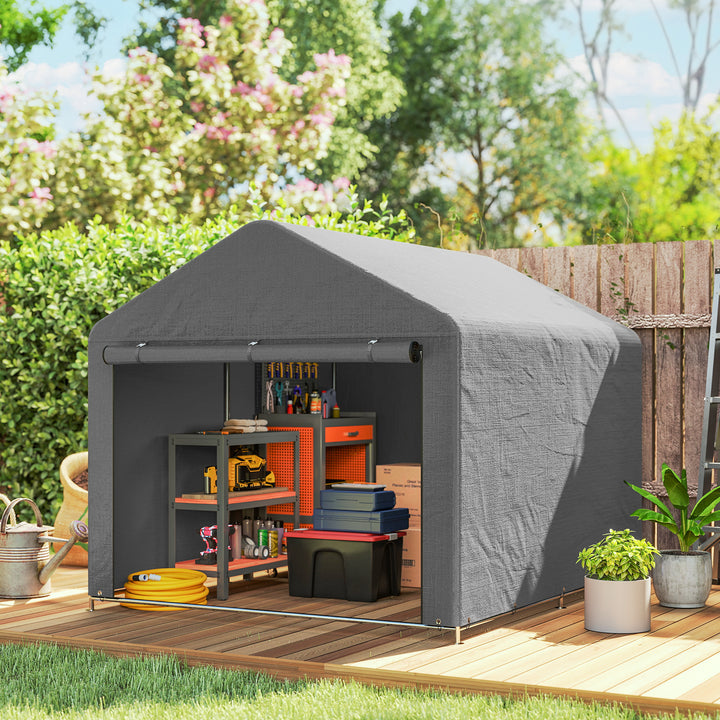 Tenda de Jardim Exterior para Ferramentas e Bicicletas 2,4x2x2 m Abrigo Exterior com Estrutura de Metal Galvanizado Porta Enrolável com Fecho Impermeável UV30+ Garagem Portátil Cinzento