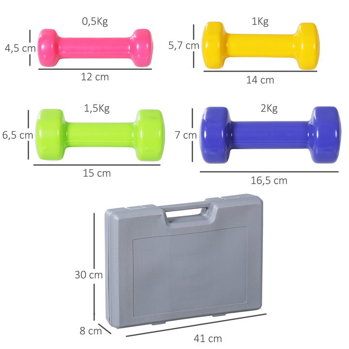 Conjunto de 8 halteres 4 pares de 0,5 kg 1 kg 1,5 kg 2 kg com caixa exterior para ginásio e treino