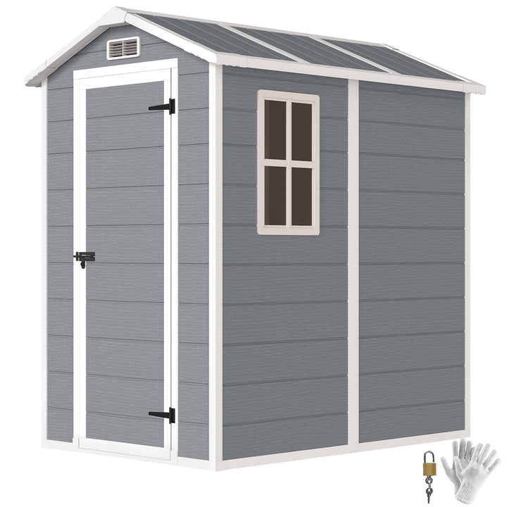 Abrigo de Jardim Exterior 2,1 m² 131x186x198 cm Abrigo de Jardim Exterior com Piso Janela Porta com Fechadura Ventilações para Armazenamento de Ferramentas Cinzento