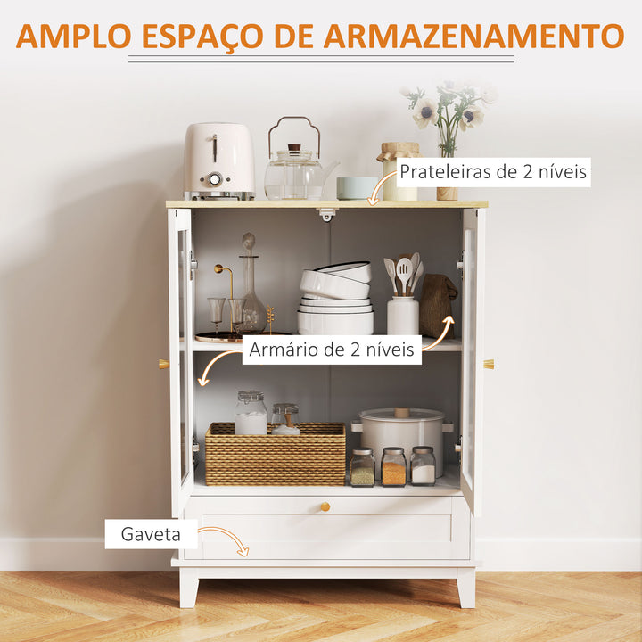 Aparador com 2 Portas de Vidro Temperado Aparador Sala de Estar com Gaveta Prateleira Ajustável Móvel Aparador para Dormitório Sala de Estar 68x35x85 cm Branco