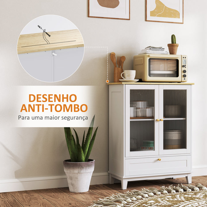 Aparador com 2 Portas de Vidro Temperado Aparador Sala de Estar com Gaveta Prateleira Ajustável Móvel Aparador para Dormitório Sala de Estar 68x35x85 cm Branco