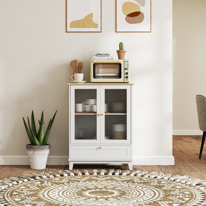Aparador com 2 Portas de Vidro Temperado Aparador Sala de Estar com Gaveta Prateleira Ajustável Móvel Aparador para Dormitório Sala de Estar 68x35x85 cm Branco