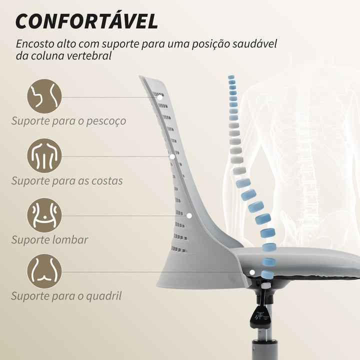 Cadeira de Secretária sem Braços Cadeira de Escritório Giratória em Malha com Encosto Vazado Assento Acolchoado em Espuma de Alta Resiliência Altura Ajustável Cinza