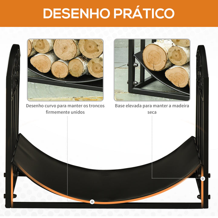 Suporte para Lenha Estante para Lenha Lenheiro de Metal com Prateleira Curva Carga 60 kg para Interior e Exterior 60,5x36x46,5 cm Preto
