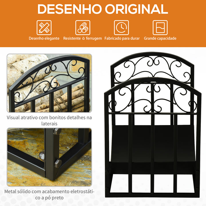 Suporte para Lenha Estante para Lenha Lenheiro de Metal com Prateleira Curva Carga 60 kg para Interior e Exterior 60,5x36x46,5 cm Preto