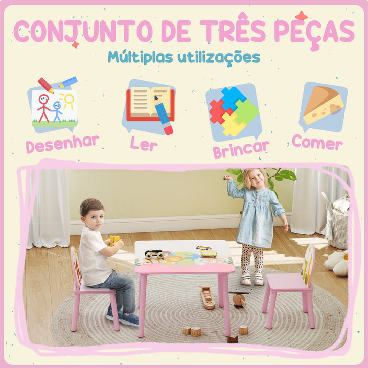 Mesa Infantil com 2 Cadeiras Mesa e Cadeiras para Crianças com Estampados de Animais para Meninos e Meninas de 3-8 Anos para Casa Escola Infantil Rosa