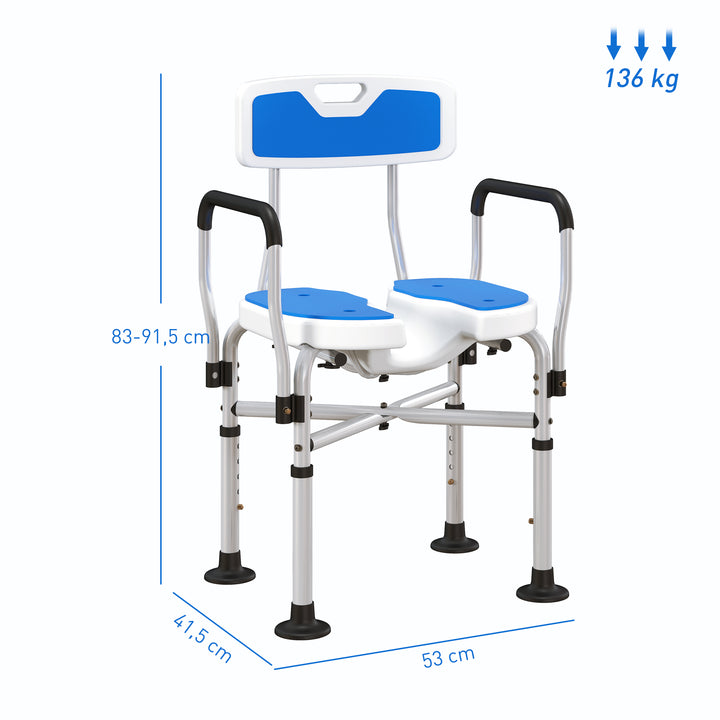 Assento de Duche para Pessoas Idosas Assento de Duche com Assento Ranhurado Altura Ajustável Banco de Duche Antiderrapante com Encosto e Apoio para os Braços Carga 136 kg Azul