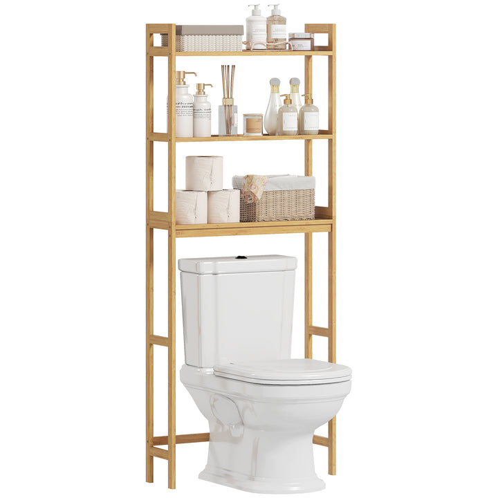 Estante sobre Sanita de Bambu Estante Casa de Banho com 3 Prateleiras Pés com Almofadas Antiderrapantes e Anti-Tombo Estilo Moderno 68x20x135 cm Madeira