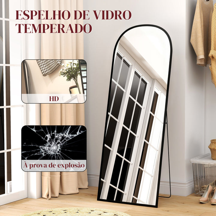 Espelho de Pé Espelho de Corpo Inteiro 60x165 cm Espelho de Parede com Estrutura de Liga de Alumínio e Suporte para Sala Quarto Banheiro Preto