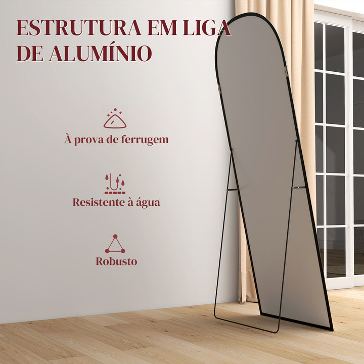 Espelho de Pé Espelho de Corpo Inteiro 60x165 cm Espelho de Parede com Estrutura de Liga de Alumínio e Suporte para Sala Quarto Banheiro Preto