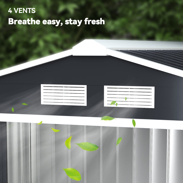 Abrigo de Jardim 213x130x185cm Abrigo de Jardim Metálico de Exterior para Armazenamento de Ferramentas com 2 Portas Deslizantes e 4 Janelas para Terraço Cinza Escuro