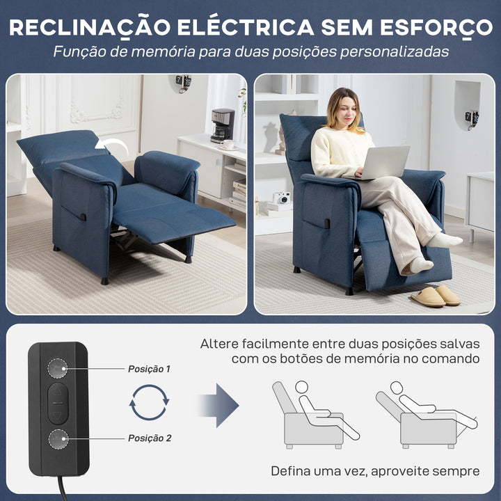 Poltrona Relax Reclinável Elétrica Poltrona Reclinável Silenciosa com Função Memória Apoio para Pés Controlo Remoto e Bolsos Laterais para Dormitório Sala de Estar 80x83x104 cm Azul Escuro