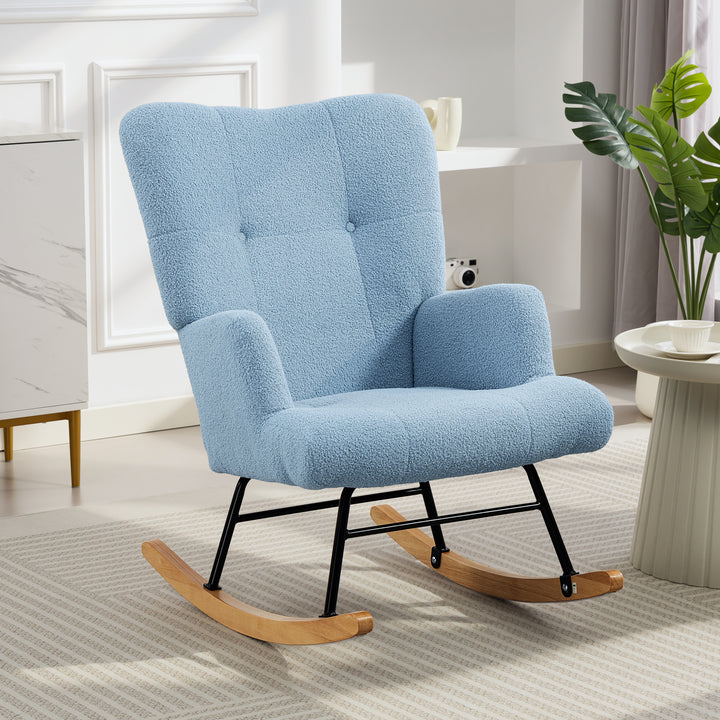 Poltrona Baloiço em Borrego Poltrona para Amamentação com Encosto Capitonê e Base de Madeira de Borracha Carga 120 kg Poltrona para Sala de Estar Dormitório 65x88x87 cm Azul Claro