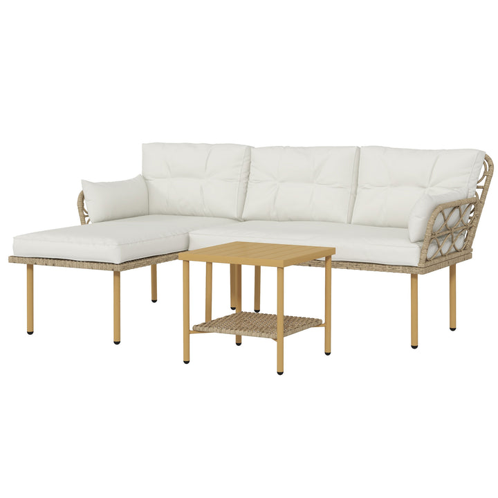 Conjunto de Jardim de 3 Peças em Vime Sintético Móveis de Jardim com 1 Sofá de 2 Lugares 1 Sofá de Canto e 1 Mesa de Centro Metálica para Pátio Natural e Creme