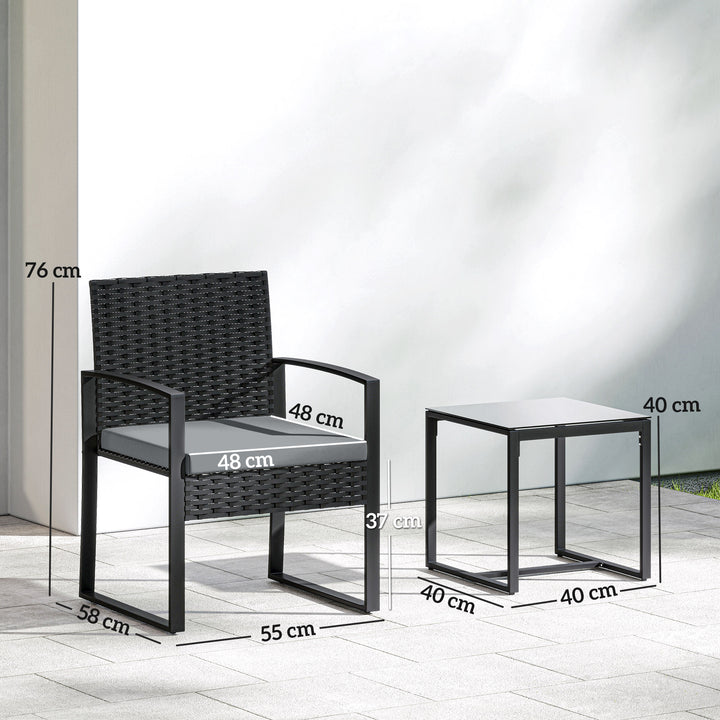 Conjunto de Móveis de Exterior de 3 Peças Conjunto de Jardim em Vime PE com Cadeiras Mesa de Vidro Temperado e Almofadas Móveis para Balcão Cinza Claro