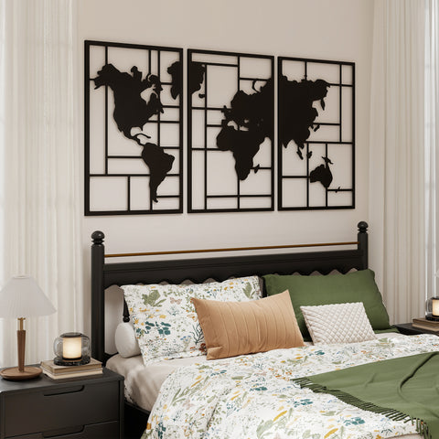 Decoração de Parede em Metal com Mapa Múndi Conjunto de 3 Peças Quadros de Parede Metálicos, para Sala Quarto Corredor Preto