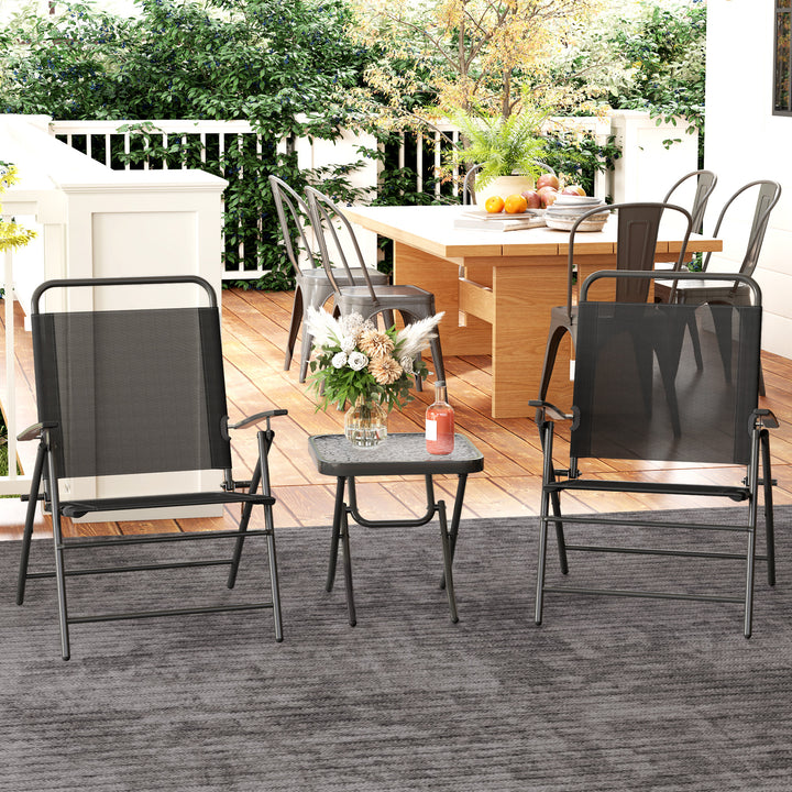 Conjunto de Mesa e Cadeiras de 3 Peças Móveis de Jardim Dobráveis com Encosto Ajustável Bancada de Vidro e Estrutura de Aço Preto