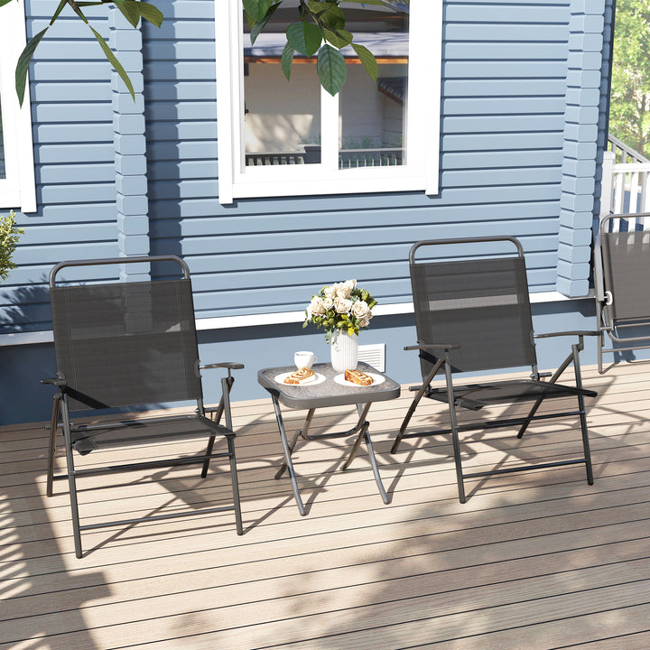 Conjunto de Mesa e Cadeiras de 3 Peças Móveis de Jardim Dobráveis com Encosto Ajustável Bancada de Vidro e Estrutura de Aço Preto