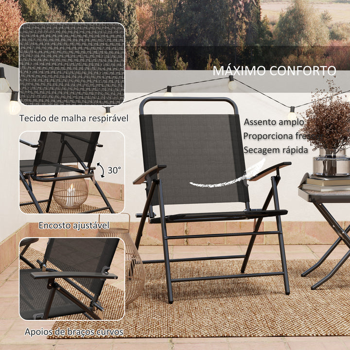 Conjunto de Mesa e Cadeiras de 3 Peças Móveis de Jardim Dobráveis com Encosto Ajustável Bancada de Vidro e Estrutura de Aço Preto