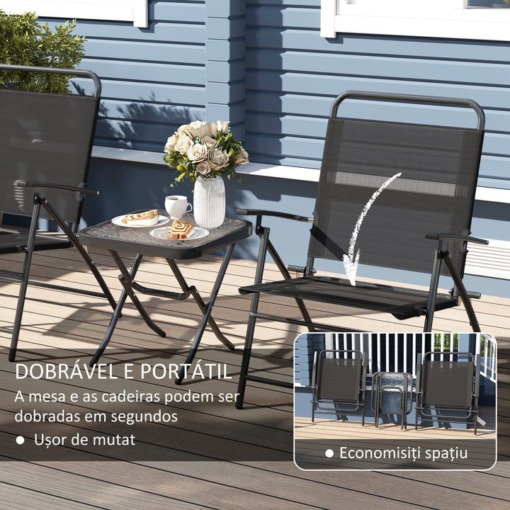 Conjunto de Mesa e Cadeiras de 3 Peças Móveis de Jardim Dobráveis com Encosto Ajustável Bancada de Vidro e Estrutura de Aço Preto