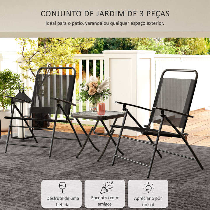 Conjunto de Mesa e Cadeiras de 3 Peças Móveis de Jardim Dobráveis com Encosto Ajustável Bancada de Vidro e Estrutura de Aço Preto